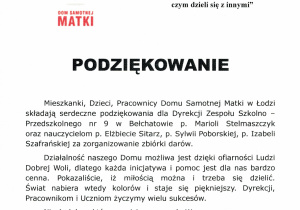 Kartka z podziękowanie wszystkim darczyńcom za dary: chemię, ubrania, buty, zabawki, książki, gry planszowe, słodycze oraz żywność, które ułatwią dalsze funkcjonowanie placówki. Napis dziękujemy Dom Samotnej Matki