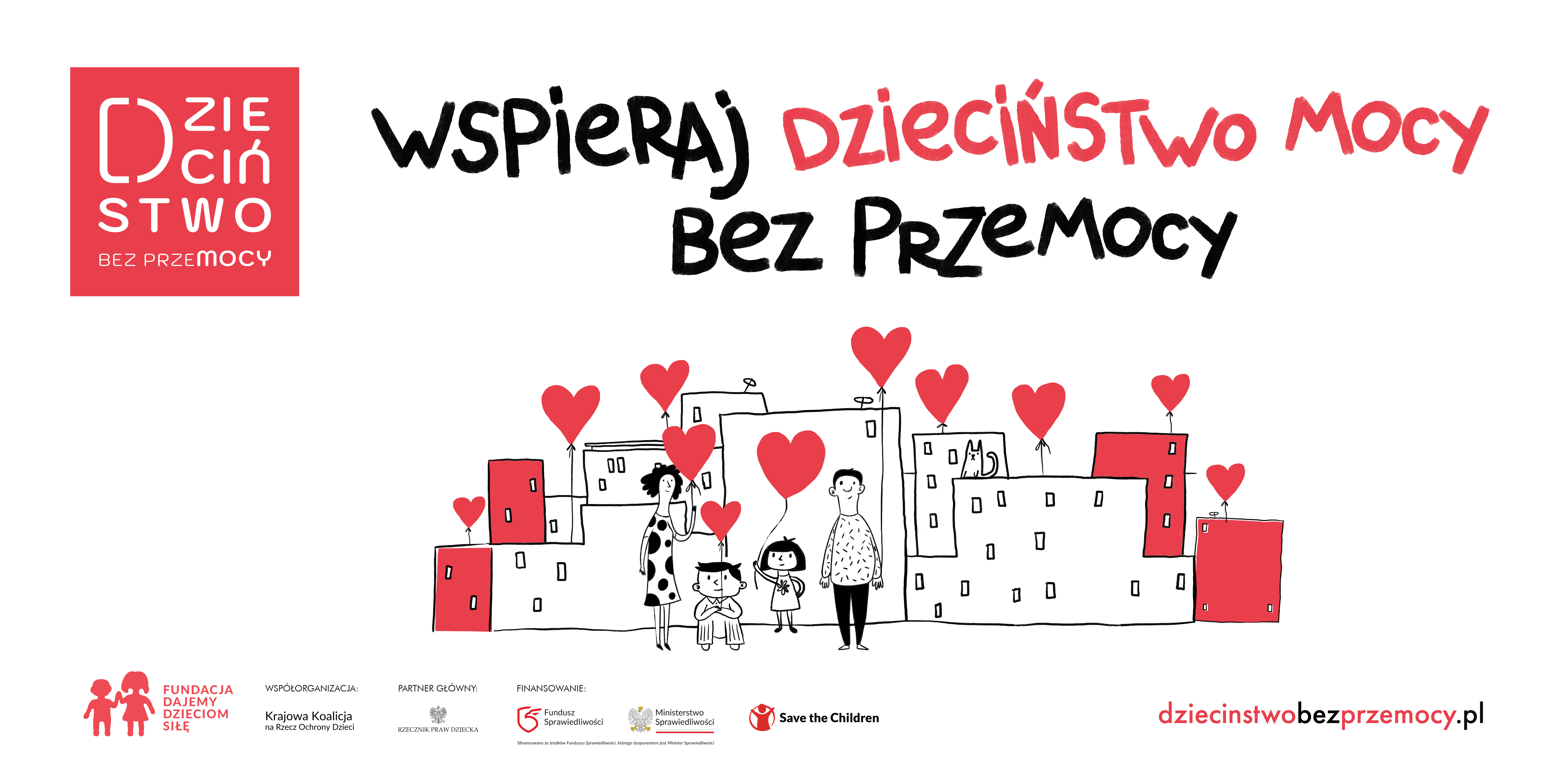 Grafika z sercami i dziećmi oraz napisem: Wspieraj dzieciństwo bez przemocy.