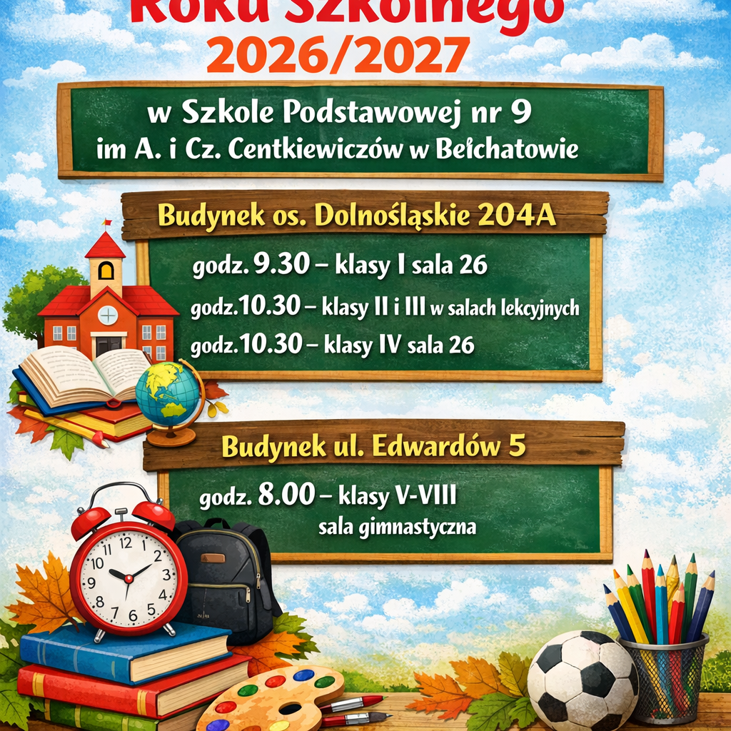 Rozpoczęcie roku szkolnego 2026/2027 Budynek os. Dolnośląskie 204A godz. 9.30 &ndash; klasy I sala 26 godz.10.30 &ndash; klasy II i III w salach lekcyjnych godz.10.30 &ndash; klasy IV sala 26 budynek ul. Edward&oacute;w 5 godz.8.00 &ndash; klasy V-VIII sala gimnastyczna