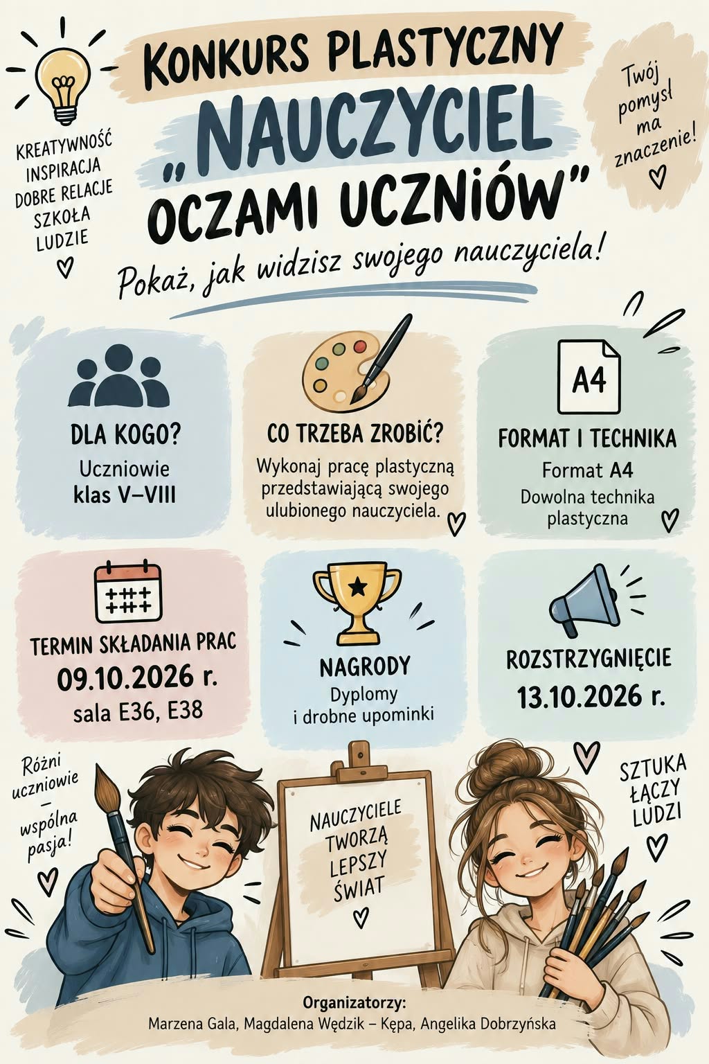 Zachęcamy wszystkich uczni&oacute;w klas V&ndash;VIII do udziału w konkursie &bdquo;Nauczyciel oczami uczni&oacute;w&rdquo;! To doskonała okazja, aby poprzez sztukę pokazać swoją kreatywność i przedstawić nauczyciela z własnej, wyjątkowej perspektywy. Puśćcie wodze fantazji i stw&oacute;rzcie pracę, kt&oacute;ra pokaże Wasze spojrzenie