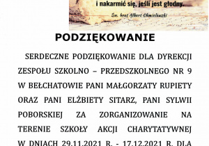 Podziękowanie dla dyrekcji, pani Sitarz i pani Poborskiej za zorganizowanie i przeprowadzenie zbiórki oraz podarowane produkty