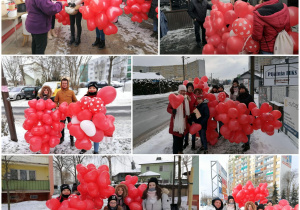 kolaż zdjęć, dzieci, czerwone balony w kształcie serc