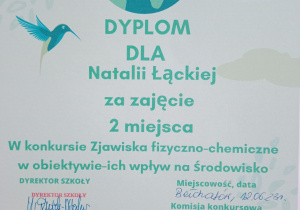 Dyplom z napisem nagroda dla Natalii Łąckiej