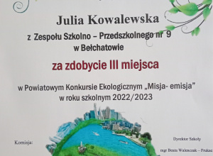Nagroda dla Julii Kowalewskiej -III miejsca w Powiatowym Konkursie Ekologicznym „Misja – Emisja”