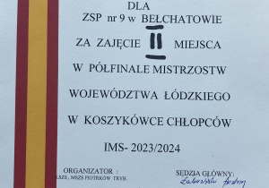 Dyplom z napisem Szkoła Podstawowa nr 9 zajęła II miejsce.