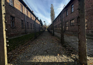 2 budynki, pomiędzy nimi druty kolczaste