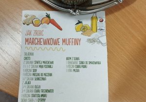 Mufiny na srebrnym talerzu, obok kartka z przepisem