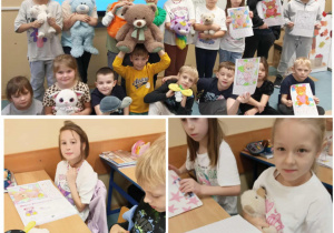 Radosne dzieci siedzą w ławkach z pluszakami