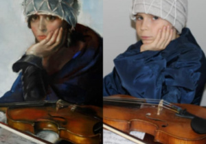 Smutny chłopiec w czapce siedzi przy skrzypcach