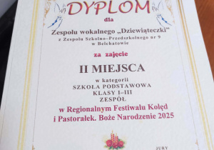Dyplom z napisem "Regionalny festiwal kolęd i pastorałek"