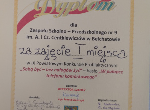 I miejsce w IX powiatowym konkursie profilaktycznym "Sobą być - bez nałogów żyć"