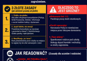 DEZINFORMACJA: Cichy sabotażysta bezpieczeństwa W momencie kryzysu każda niezweryfikowana plotka staje się zagrożeniem. 3 ZŁOTE ZASADY (jak odróżnić prawdę od plotki): 1. Źródło, nie plotka: Ufaj tylko oficjalnym komunikatom (Policja, Sztab Kryzysowy, Szkoła). Informacje z social mediów traktuj z dystansem. 2. Język faktów, nie emocji: Prawdziwe komunikaty są rzeczowe (np. „pozostań w klasie”). Dezinformacja ocieka paniką i wykrzyknikami. 3. Zatrzymaj łańcuch: Zanim prześlesz dalej – pomyśl. Nieświadome udostępnianie kłamstwa to pomaganie sabotażyście.
